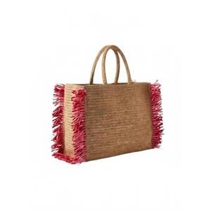 NEW BALDIZ women's fringe raffia tote in lola pink and red